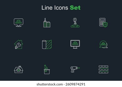 Set line Bricks, Electric drill machine, Paint bucket with brush, House, Worker safety helmet, Wallpaper and wrench spanner icon. Vector