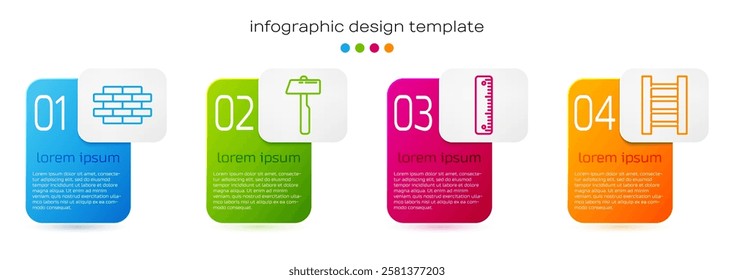 Set line Bricks, Hammer, Ruler and Wooden staircase. Business infographic template. Vector