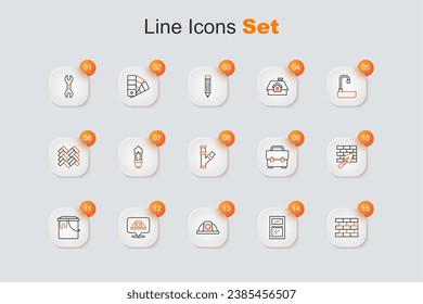Set line Bricks, Hammer and wrench spanner, Worker safety helmet, Paint bucket, wall with trowel, Toolbox and Industry metallic pipe icon. Vector