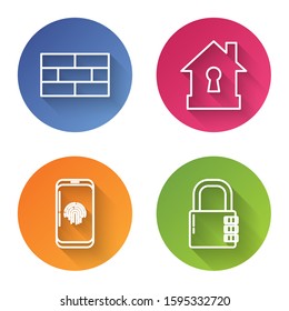 Set line Bricks , House under protection , Smartphone with fingerprint scanner  and Safe combination lock . Color circle button. Vector