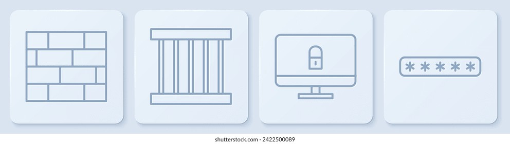 Set line Bricks, Lock on computer monitor, Prison window and Password protection. White square button. Vector