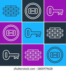 Set line Bricks, Old key and Electrical outlet icon. Vector