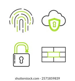 Set line Bricks, Open padlock, Cloud and shield and Fingerprint icon. Vector