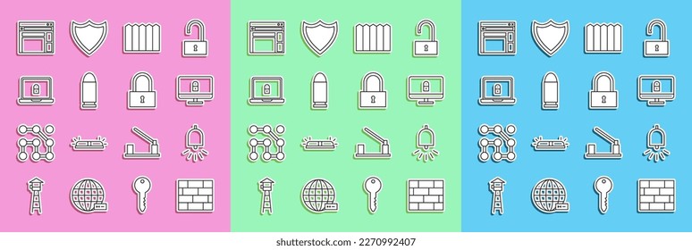 Ajuste ladrillos de línea, campana de alarma de sonido, bloqueo en el monitor de la computadora, madera de valla de jardín, bala, portátil y cerradura, plantilla de sitio web e icono. Vector