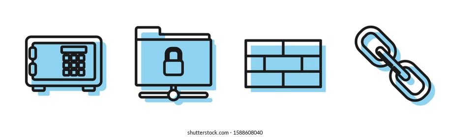 Set line Bricks , Safe , FTP folder and lock  and Chain link  icon. Vector