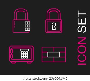 Set line Bricks, Safe, Lock and combination lock icon. Vector