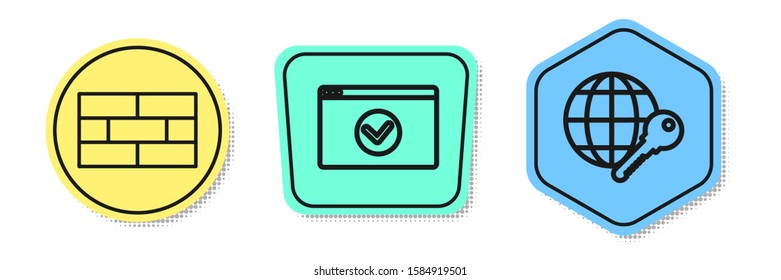Set line Bricks , Secure your site with HTTPS, SSL and Globe key . Colored shapes. Vector