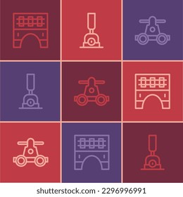 Set line Bridge for train, Handcar transportation and Arrow switching the railway icon. Vector