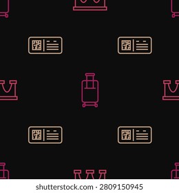 Set line Bridge for train, QR code ticket and Suitcase on seamless pattern. Vector