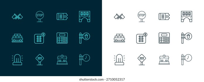 Linie festlegen Bahnbrücke, Bahnübergang, Bahnhofskarte, Bahn, Online Ticketbuchung, Flag und Stoppschild-Symbol. Vektorgrafik