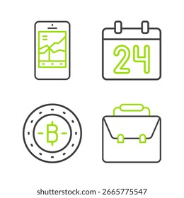 Establecer línea Maletín, Bitcoin, Calendario e icono de comercio de acciones móviles. Vector