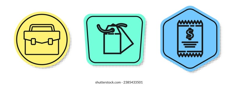 Set line Briefcase, Blank label template price tag and Paper check and financial check. Colored shapes. Vector