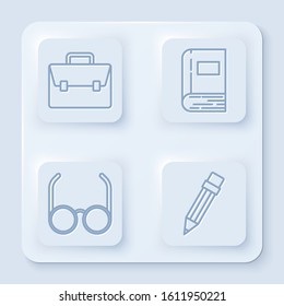 Set line Briefcase, Book, Glasses and Pencil with eraser. White square button. Vector