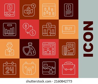 Set line Briefcase, Business finance report, Buy button, Bitcoin browser, Cryptocurrency exchange, Pie chart infographic, Financial book and Bank building icon. Vector