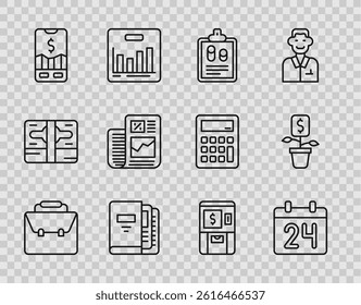 Set line Briefcase, Calendar, Business finance report, Office folders, Mobile stock trading, ATM and money and Dollar plant icon. Vector
