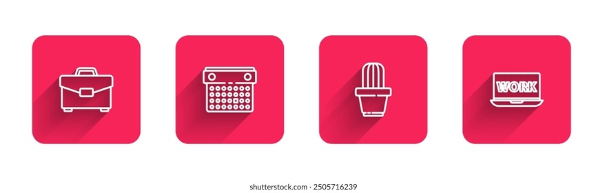 Set line Briefcase, Calendar, Cactus and succulent in pot and Laptop with text work with long shadow. Red square button. Vector