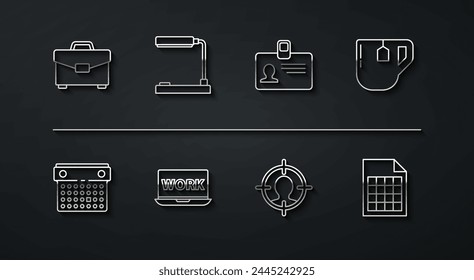 Set line Briefcase, Calendar, Cup of tea with tea bag, Head hunting concept, Laptop text work, Table lamp, File document and Identification badge icon. Vector
