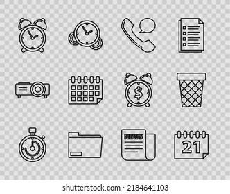 Set line Briefcase, Calendar, Telephone handset and speech bubble chat, Document folder, Alarm clock, News and Trash can icon. Vector