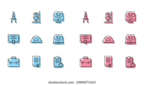 Set line Briefcase, Certificate template, Drawing compass, Exam sheet with clock, Protractor grid for measuring degrees, Graduation cap on screen laptop,  and Glass test tube flask fire icon. Vector