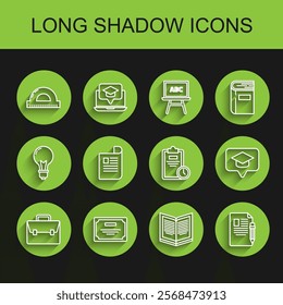 Set line Briefcase, Certificate template, Protractor grid for measuring degrees, Open book, Exam sheet and pencil with eraser, Document, Graduation cap speech bubble and clock icon. Vector