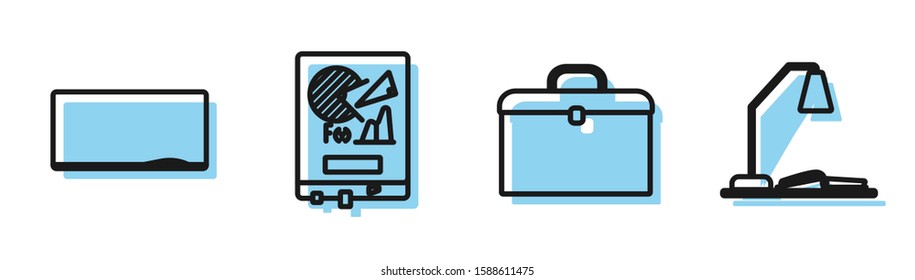 Set line Briefcase, Chalkboard, Board with graph chart and Workplace with table lamp and open book icon. Vector