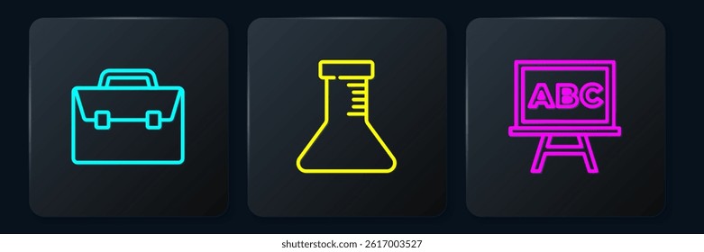 Set line Briefcase, Chalkboard and Test tube and flask. Black square button. Vector
