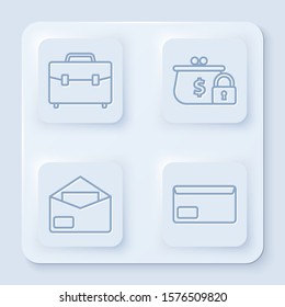 Set line Briefcase, Closed wallet with lock, Envelope and Envelope. White square button. Vector
