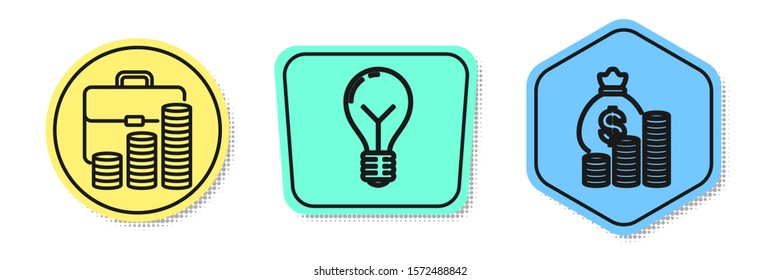 Set line Briefcase and coin, Light bulb with concept of idea and Money bag and coin. Colored shapes. Vector