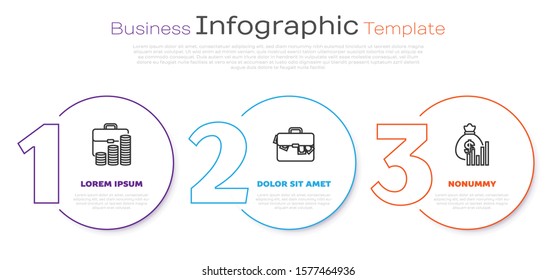 Set line Briefcase and coin, Briefcase and money and Money bag and diagram graph. Business infographic template. Vector