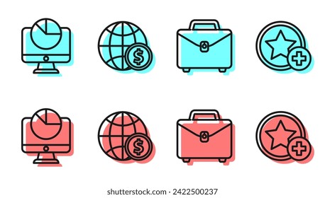 Set line Briefcase, Computer monitor with graph chart, Earth globe with dollar and Star icon. Vector