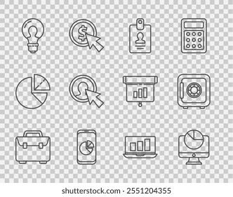 Set line Briefcase, Computer monitor with graph chart, Identification badge, Mobile phone, Light bulb concept of idea, User man in business suit, Laptop and Safe icon. Vector