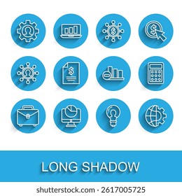 Set line Briefcase, Computer monitor with graph chart, Human gear inside, Light bulb concept of idea, Globe the Earth and, Contract money, Calculator and Pie infographic icon. Vector