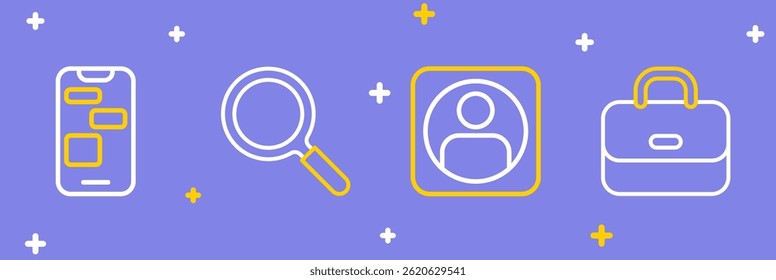 Set line Briefcase, Create account screen, Magnifying glass and Mobile 24 hours support icon. Vector