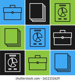 Set line Briefcase, Document with graph chart and Clean paper icon. Vector