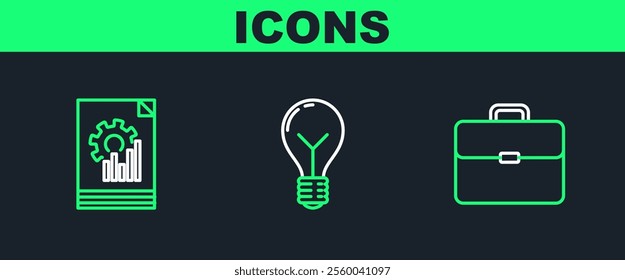 Set line Briefcase, Document with graph chart and Light bulb concept of idea icon. Vector