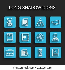 Set line Briefcase, Document with search, Face recognition, Old hourglass, Phone book, Safe, User of man in business suit and Gear dollar symbol icon. Vector