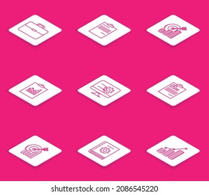 Set line Briefcase, Document, Target with coin symbol, Clipboard graph chart, Computer monitor, resume,  and User manual icon. Vector