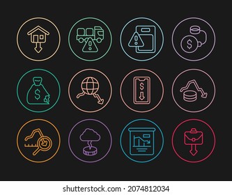 Set line Briefcase, Dollar rate decrease, Global economic crisis, Money bag, Falling property prices, Mobile stock trading and Stop delivery cargo truck icon. Vector