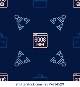 Set line Briefcase, Employee hierarchy and Monitor with dollar on seamless pattern. Vector