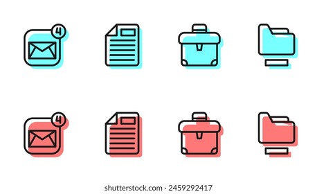 Set line Briefcase, Envelope, File document and Document folder icon. Vector