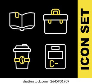 Set line Briefcase, Exam paper with incorrect answers, Coffee cup to go and Open book icon. Vector