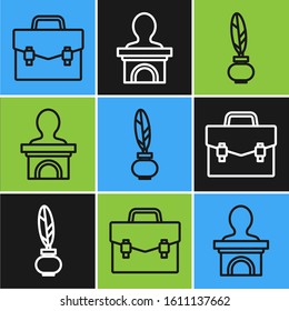 Set line Briefcase, Feather and inkwell and Stage stand or debate podium rostrum icon. Vector