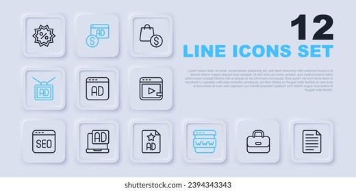 Set line Briefcase, File document, Advertising, Browser window,  and  icon. Vector