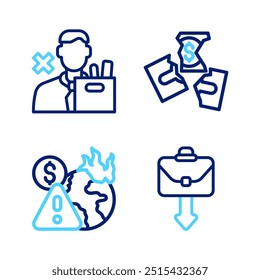 Set line Briefcase, Global economic crisis, Tearing money banknote and Employee dismissal icon. Vector