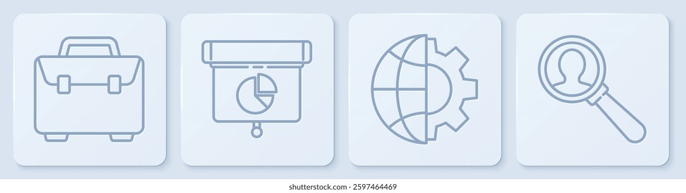 Set line Briefcase, Globe of the Earth and gear, Graph, chart, diagram, infographic and Magnifying glass for search a people. White square button. Vector
