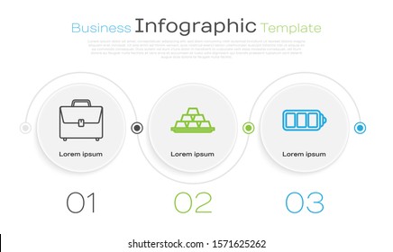 Set line Briefcase, Gold bars and Battery charge level indicator. Business infographic template. Vector