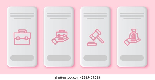 Set line Briefcase, Hand holding briefcase, Judge gavel and Money hand. White rectangle button. Vector