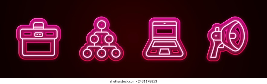 Set line Briefcase, Hierarchy organogram chart, Laptop and Megaphone. Glowing neon icon. Vector