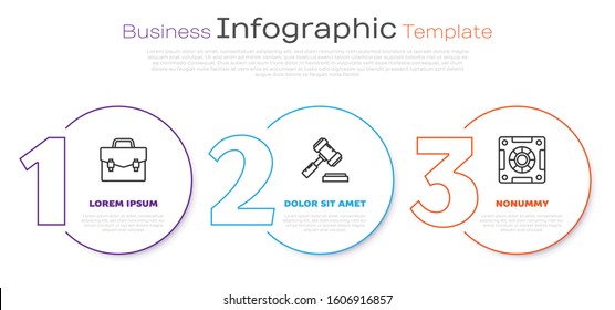 Set line Briefcase, Judge gavel and Safe. Business infographic template. Vector