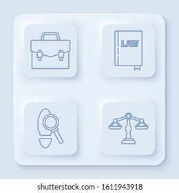 Set line Briefcase, Law book, Magnifying glass with footsteps and Scales of justice. White square button. Vector